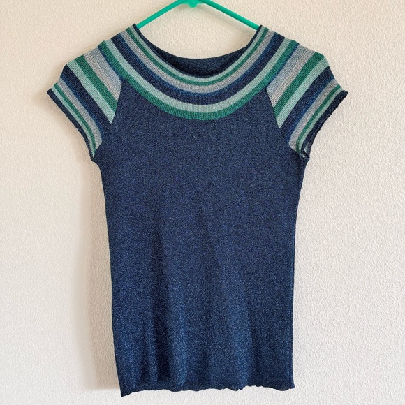 Vintage 1970s Cardigan Set Metallic Knit Lurex Blue Green Silver EUC Renée Tener - Picture 4 of 9